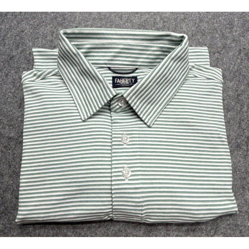 Faherty The Movement Polo Mens S Green White Striped Performance Stretch Casual
